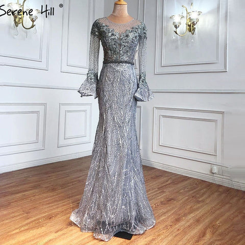 Sale Musliim Blue Mermaid Evening Dresses Gowns 2025 Elegant Beadrd Luxury For Women Party LA71128