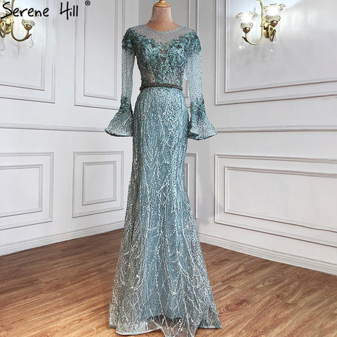 Sale Musliim Blue Mermaid Evening Dresses Gowns 2025 Elegant Beadrd Luxury For Women Party LA71128