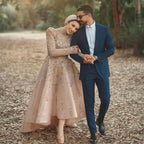 Muslim A-Line Luxury Pearls Beaded Nude  Midi  Ankle Length Evening Dresses Gowns Formal Woman Wedding Party LA72176