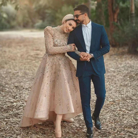 Muslim A-Line Luxury Pearls Beaded Nude  Midi  Ankle Length Evening Dresses Gowns Formal Woman Wedding Party LA72176