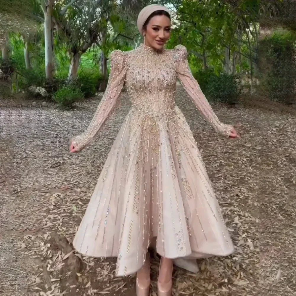 Muslim A-Line Luxury Pearls Beaded Nude  Midi  Ankle Length Evening Dresses Gowns Formal Woman Wedding Party LA72176