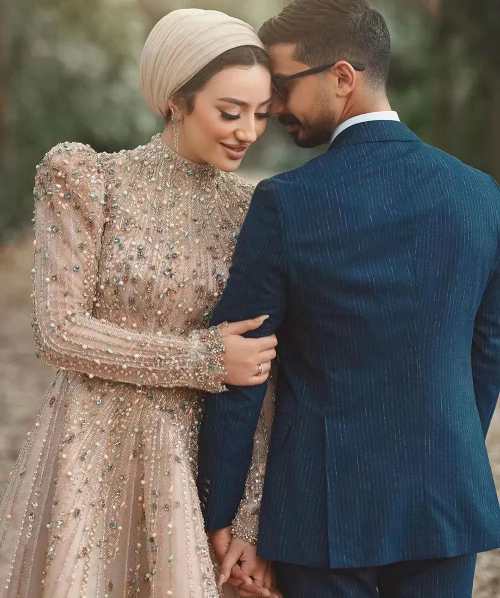 Muslim A-Line Luxury Pearls Beaded Nude  Midi  Ankle Length Evening Dresses Gowns Formal Woman Wedding Party LA72176