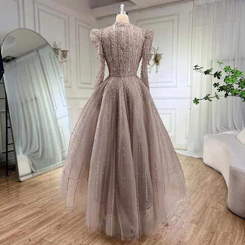 Muslim A-Line Luxury Pearls Beaded Nude  Midi  Ankle Length Evening Dresses Gowns Formal Woman Wedding Party LA72176