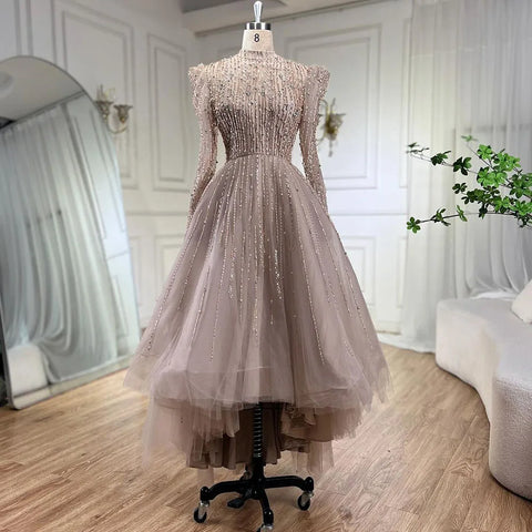 Muslim A-Line Luxury Pearls Beaded Nude  Midi  Ankle Length Evening Dresses Gowns Formal Woman Wedding Party LA72176