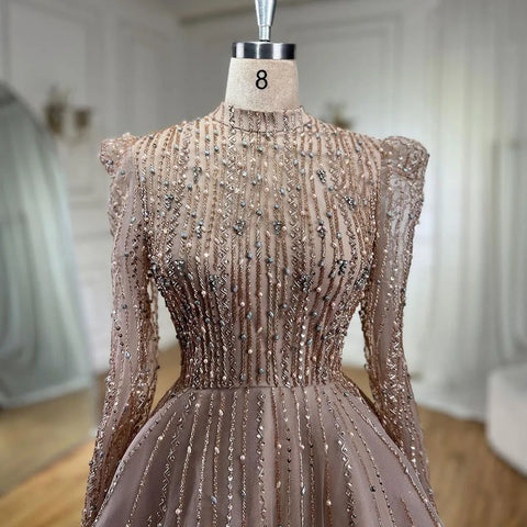 Muslim A-Line Luxury Pearls Beaded Nude  Midi  Ankle Length Evening Dresses Gowns Formal Woman Wedding Party LA72176