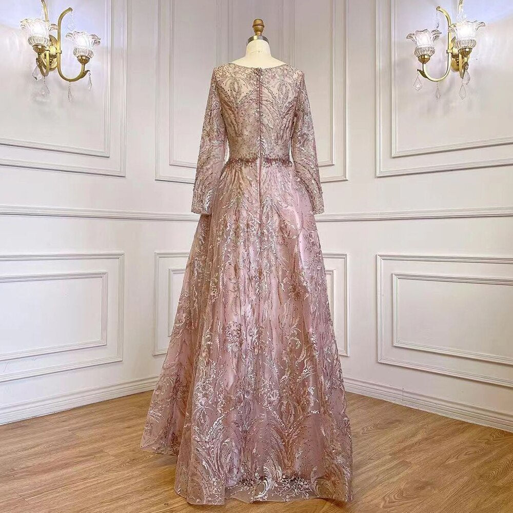 Muslim A-Line Pink Luxury Evening Dresses Gowns Lace Beaded 2025 For Women Party LA71794