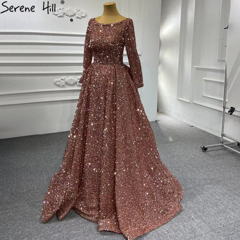 Muslim Bean Pink Gold Evening Dresses Gowns 2025 A-Line Luxury Sparkle For Women Party HM67124A