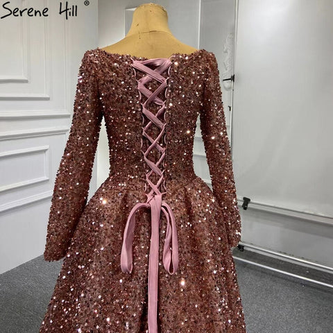 Muslim Bean Pink Gold Evening Dresses Gowns 2025 A-Line Luxury Sparkle For Women Party HM67124A