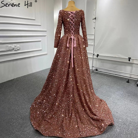 Muslim Bean Pink Gold Evening Dresses Gowns 2025 A-Line Luxury Sparkle For Women Party HM67124A