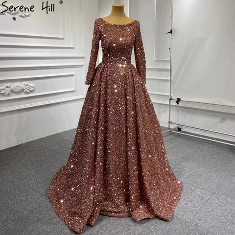 Muslim Bean Pink Gold Evening Dresses Gowns 2025 A-Line Luxury Sparkle For Women Party HM67124A