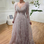 Muslim Beige A Line  Beaded Feathers Luxury Dubai Long Evening Dresses Gowns 2025 For Women Wedding Party LA72172
