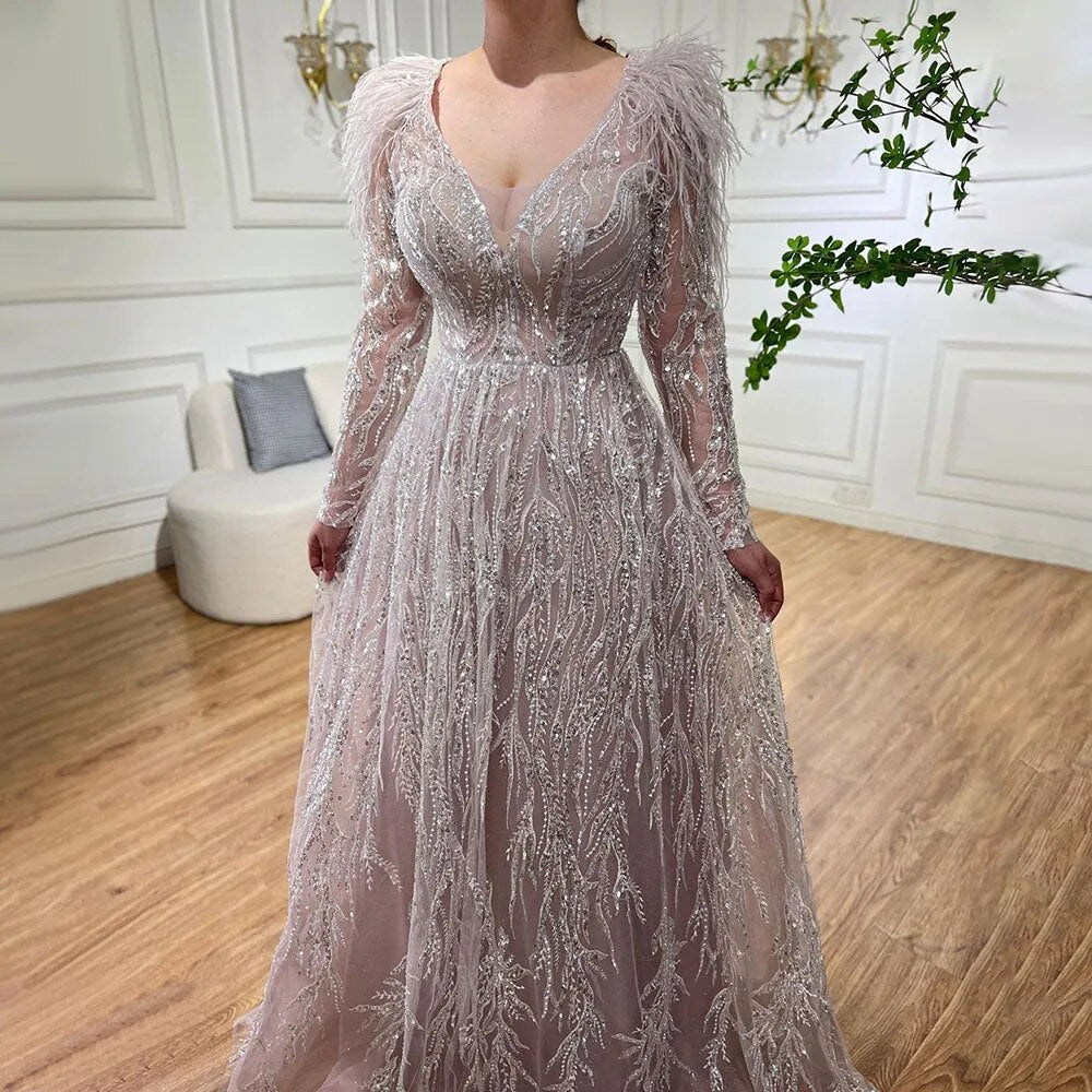 Muslim Beige A Line  Beaded Feathers Luxury Dubai Long Evening Dresses Gowns 2025 For Women Wedding Party LA72172