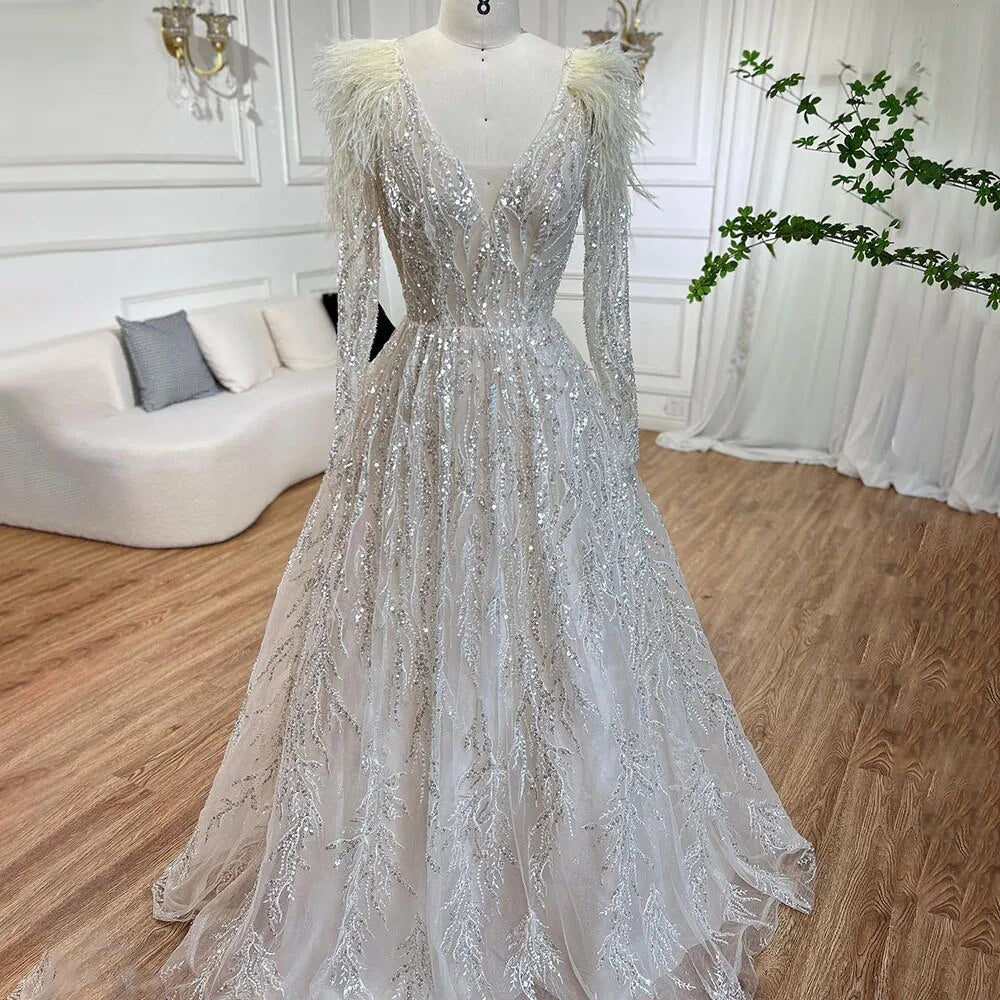 Muslim Beige A Line  Beaded Feathers Luxury Dubai Long Evening Dresses Gowns 2025 For Women Wedding Party LA72172
