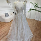 Muslim Beige A Line  Beaded Feathers Luxury Dubai Long Evening Dresses Gowns 2025 For Women Wedding Party LA72172