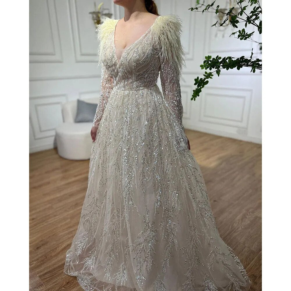 Muslim Beige A Line  Beaded Feathers Luxury Dubai Long Evening Dresses Gowns 2025 For Women Wedding Party LA72172