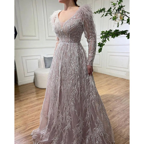Muslim Beige A Line  Beaded Feathers Luxury Dubai Long Evening Dresses Gowns 2025 For Women Wedding Party LA72172