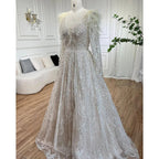 Muslim Beige A Line  Beaded Feathers Luxury Dubai Long Evening Dresses Gowns 2025 For Women Wedding Party LA72172