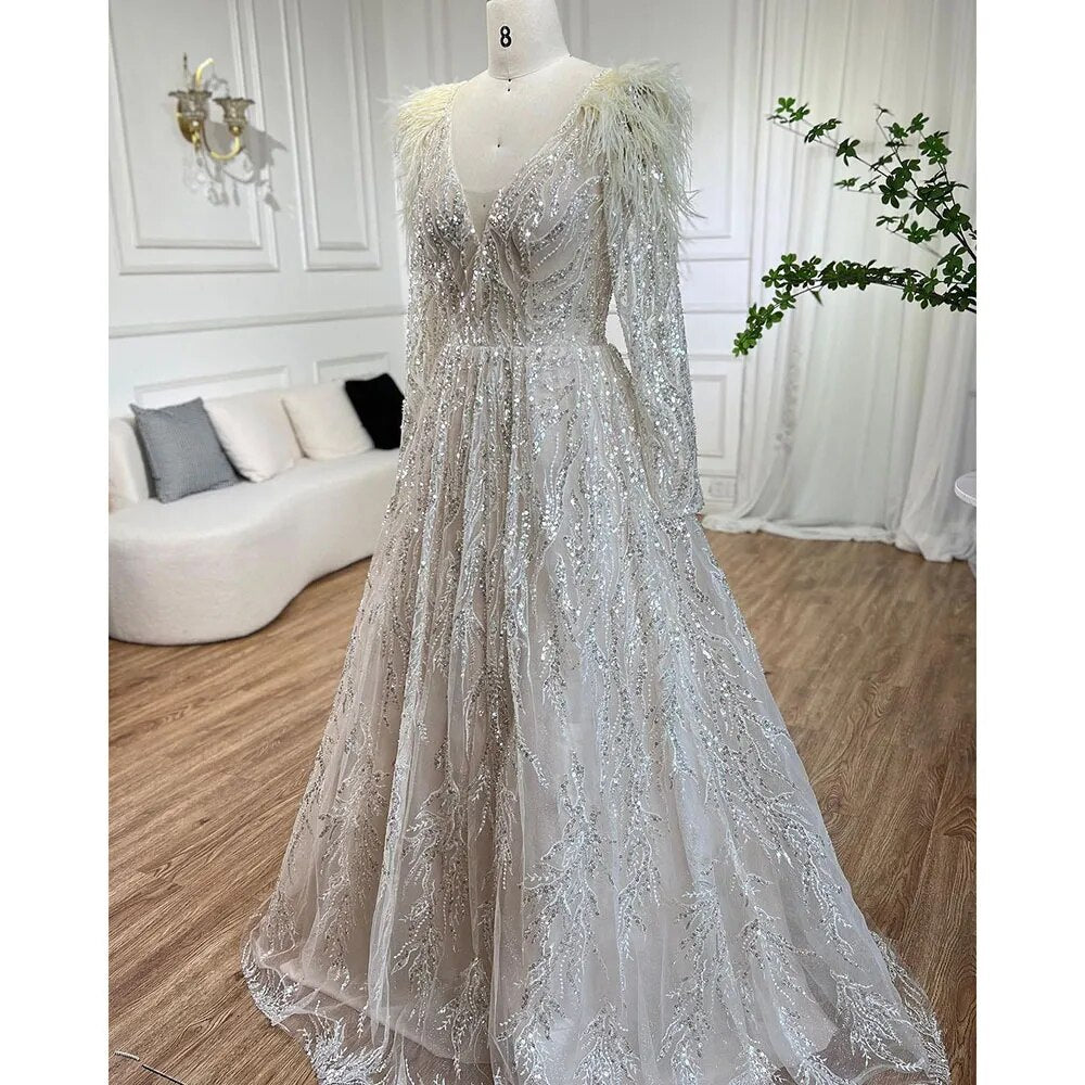 Muslim Beige A Line  Beaded Feathers Luxury Dubai Long Evening Dresses Gowns 2025 For Women Wedding Party LA72172