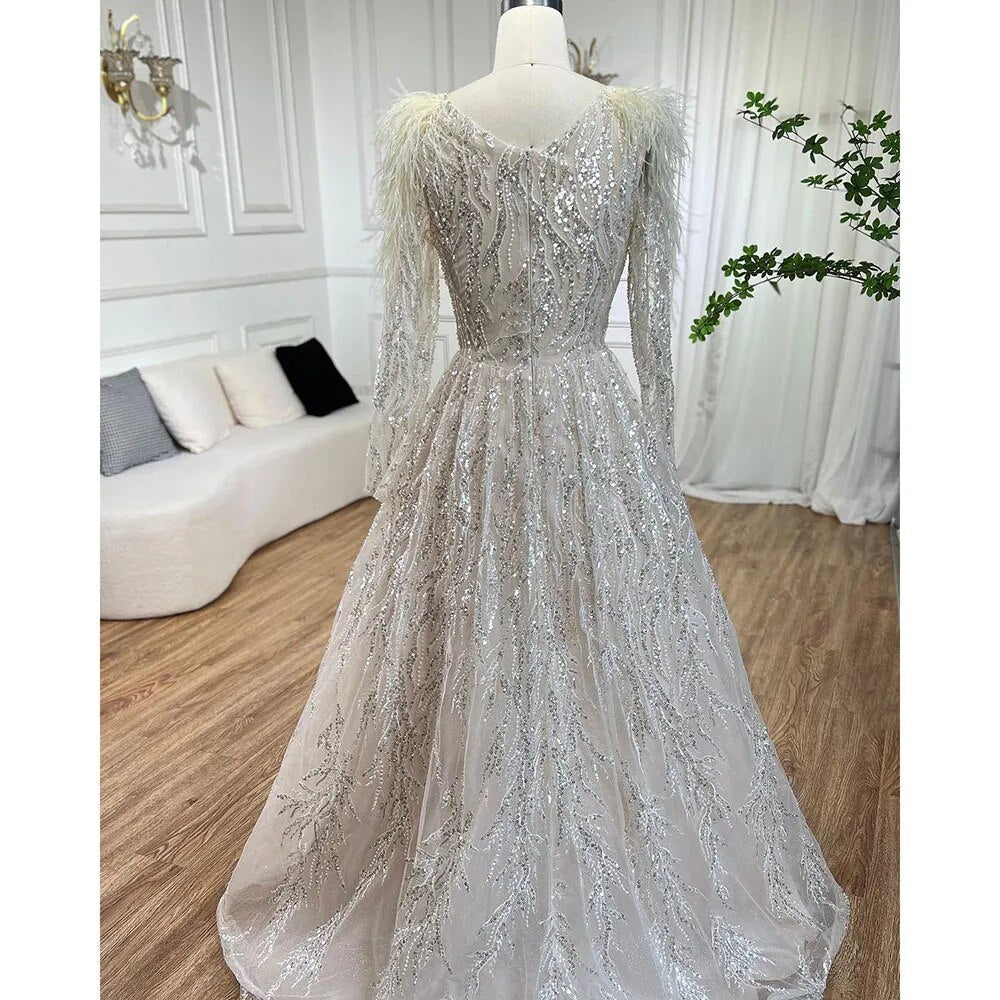 Muslim Beige A Line  Beaded Feathers Luxury Dubai Long Evening Dresses Gowns 2025 For Women Wedding Party LA72172