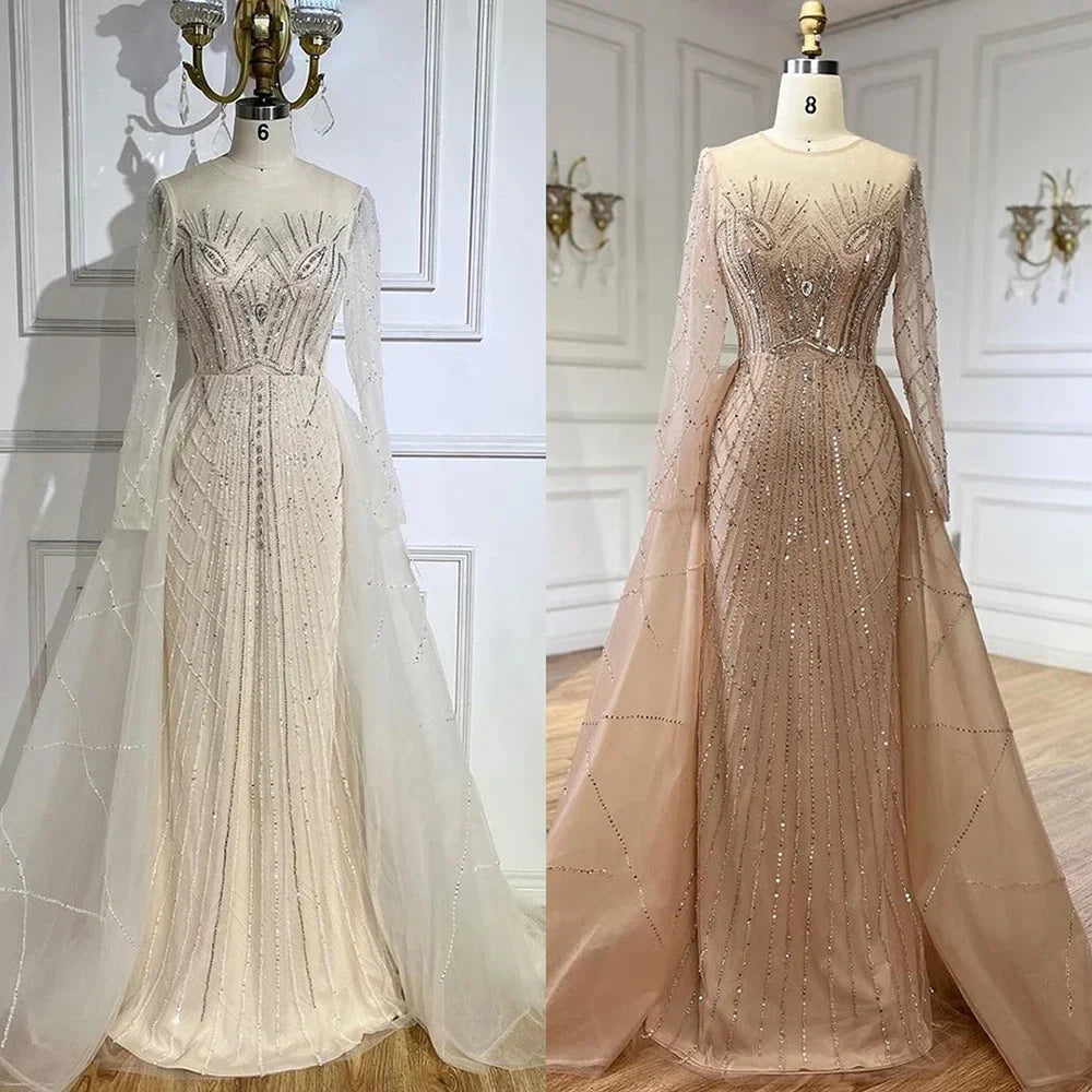 Muslim Beige Elegant Overskirt Mermaid Luxury Beaded Evening Dresses Gowns 2025 For Woman Party LA72528