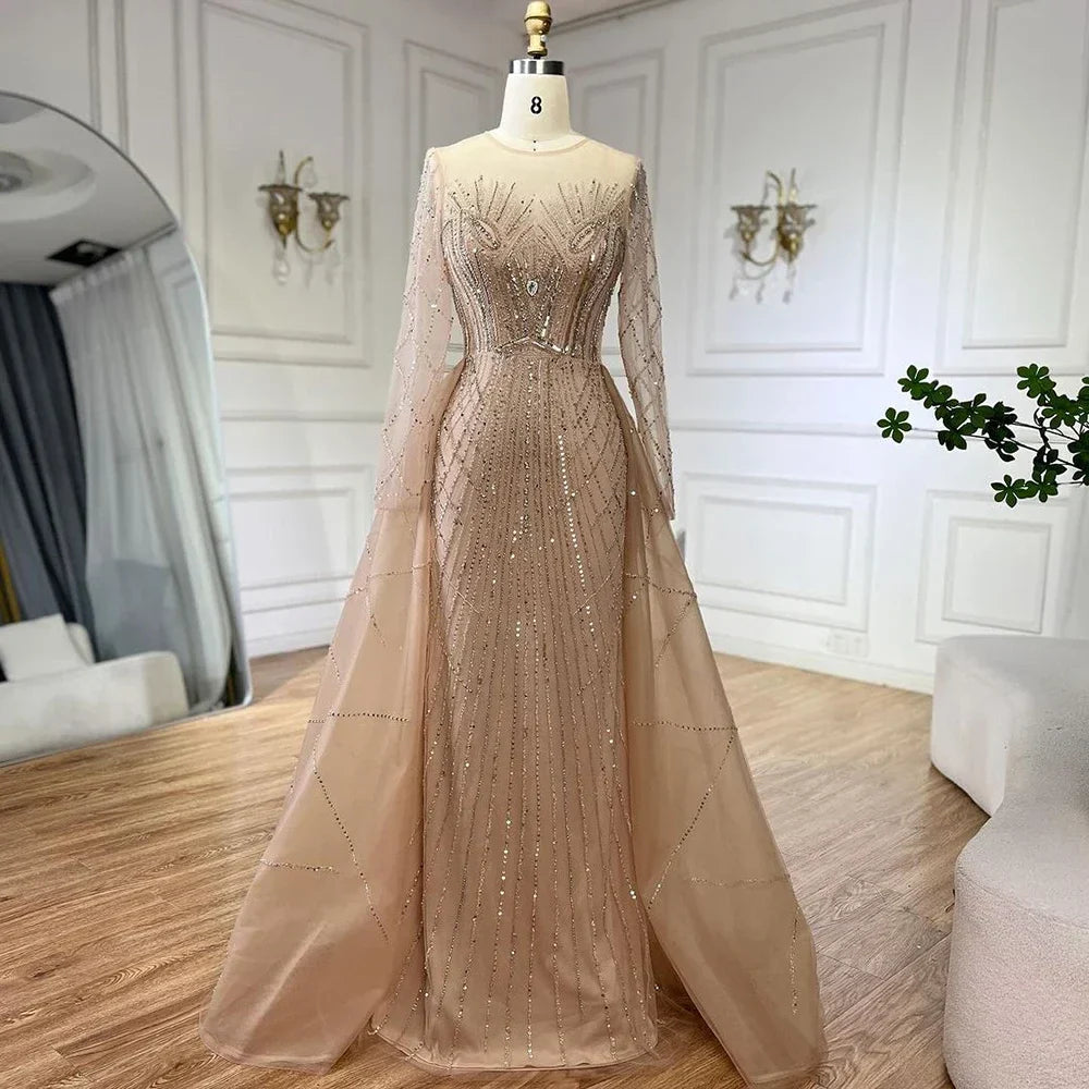 Muslim Beige Elegant Overskirt Mermaid Luxury Beaded Evening Dresses Gowns 2025 For Woman Party LA72528
