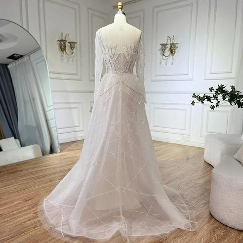 Muslim Beige Elegant Overskirt Mermaid Luxury Beaded Evening Dresses Gowns 2025 For Woman Party LA72528
