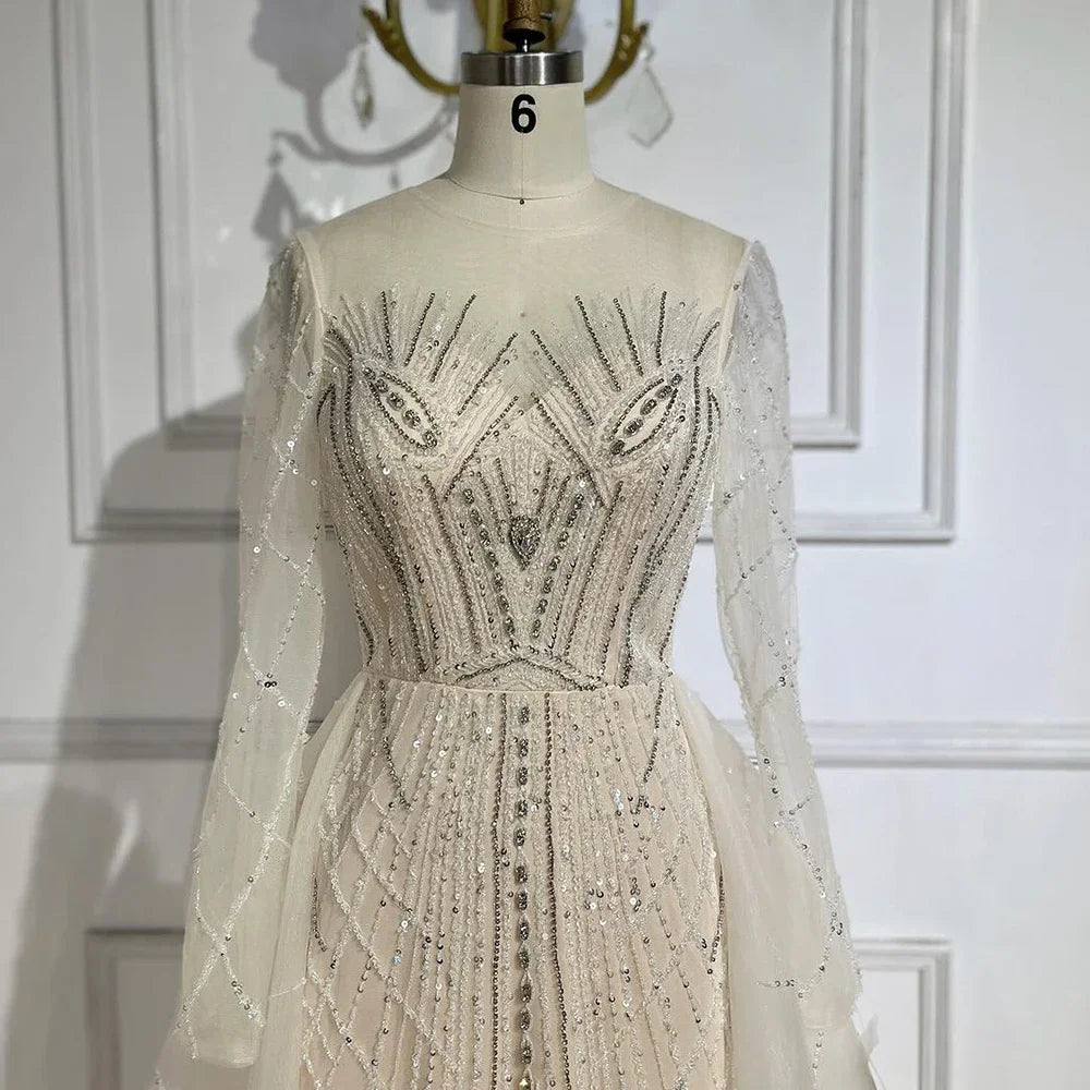 Muslim Beige Elegant Overskirt Mermaid Luxury Beaded Evening Dresses Gowns 2025 For Woman Party LA72528
