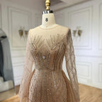 Muslim Beige Elegant Overskirt Mermaid Luxury Beaded Gold Evening Dresses Gowns 2025 For Woman Party LA72528