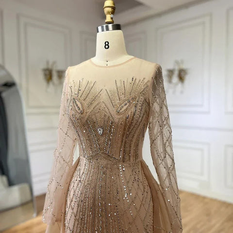 Muslim Beige Elegant Overskirt Mermaid Luxury Beaded Gold Evening Dresses Gowns 2025 For Woman Party LA72528
