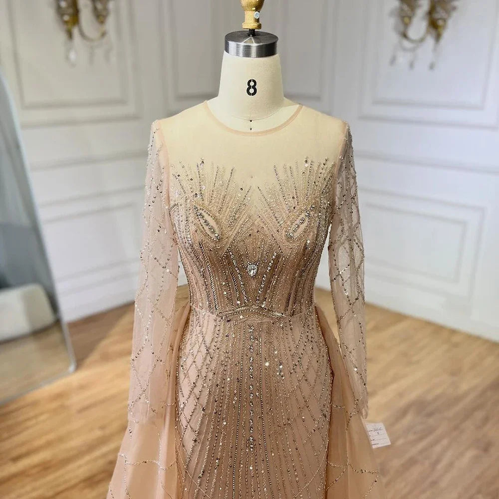 Muslim Beige Elegant Overskirt Mermaid Luxury Beaded Gold Evening Dresses Gowns 2025 For Woman Party LA72528
