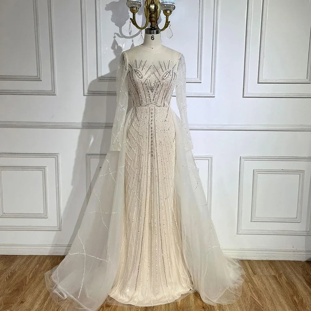 Muslim Beige Elegant Overskirt Mermaid Luxury Beaded Gold Evening Dresses Gowns 2025 For Woman Party LA72528