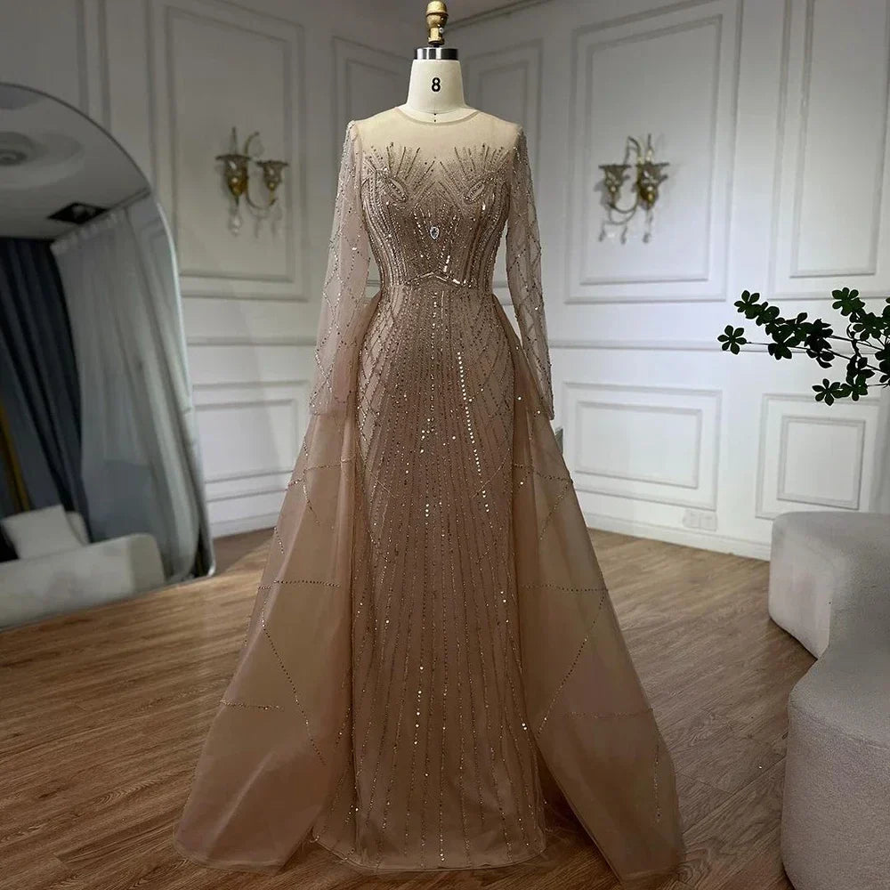 Muslim Beige Elegant Overskirt Mermaid Luxury Beaded Gold Evening Dresses Gowns 2025 For Woman Party LA72528