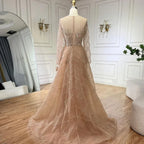 Muslim Beige Elegant Overskirt Mermaid Luxury Beaded Gold Evening Dresses Gowns 2025 For Woman Party LA72528