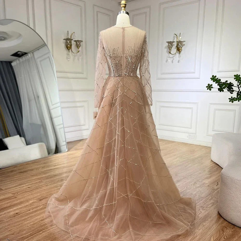 Muslim Beige Elegant Overskirt Mermaid Luxury Beaded Gold Evening Dresses Gowns 2025 For Woman Party LA72528