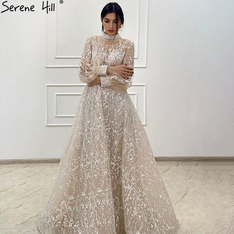 Muslim Beige Luxury Evening Dresses Gowns 2025 Lace Beaded  A-Line Wedding Party For Woman LA71196