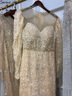 Muslim Beige Mermaid Evening Dresses Gowns 2025 Luxury Sparkle Elegant Puffy Sleeves Formal Dress LA71040