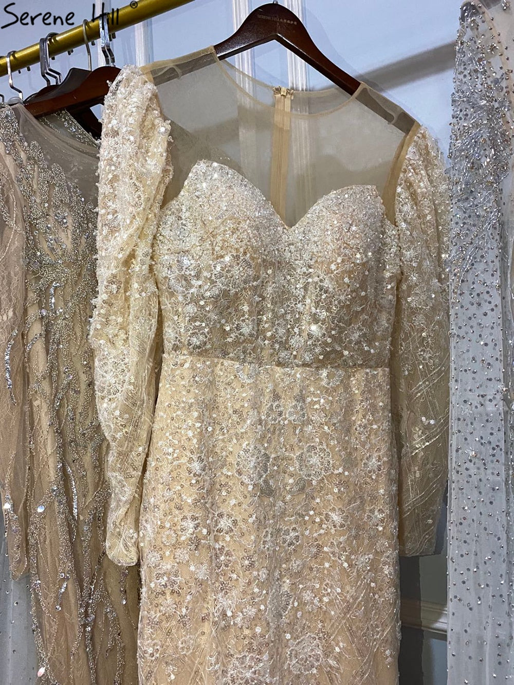 Muslim Beige Mermaid Evening Dresses Gowns 2025 Luxury Sparkle Elegant Puffy Sleeves Formal Dress LA71040