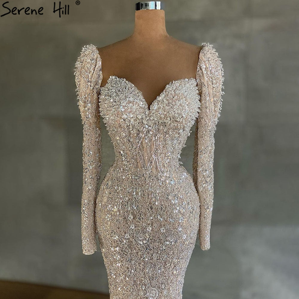 Muslim Beige Mermaid Evening Dresses Gowns 2025 Luxury Sparkle Elegant Puffy Sleeves Formal Dress LA71040