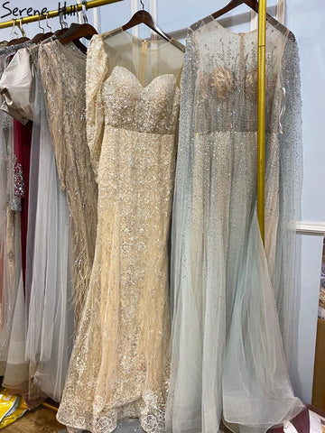 Muslim Beige Mermaid Evening Dresses Gowns 2025 Luxury Sparkle Elegant Puffy Sleeves Formal Dress LA71040