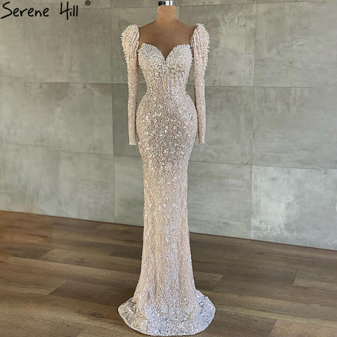 Muslim Beige Mermaid Evening Dresses Gowns 2025 Luxury Sparkle Elegant Puffy Sleeves Formal Dress LA71040