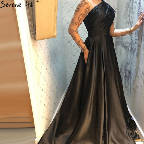 Muslim Black A-Line Evening Dresses Gowns 2025 Satin Beading Luxury For Woman Party LA71074