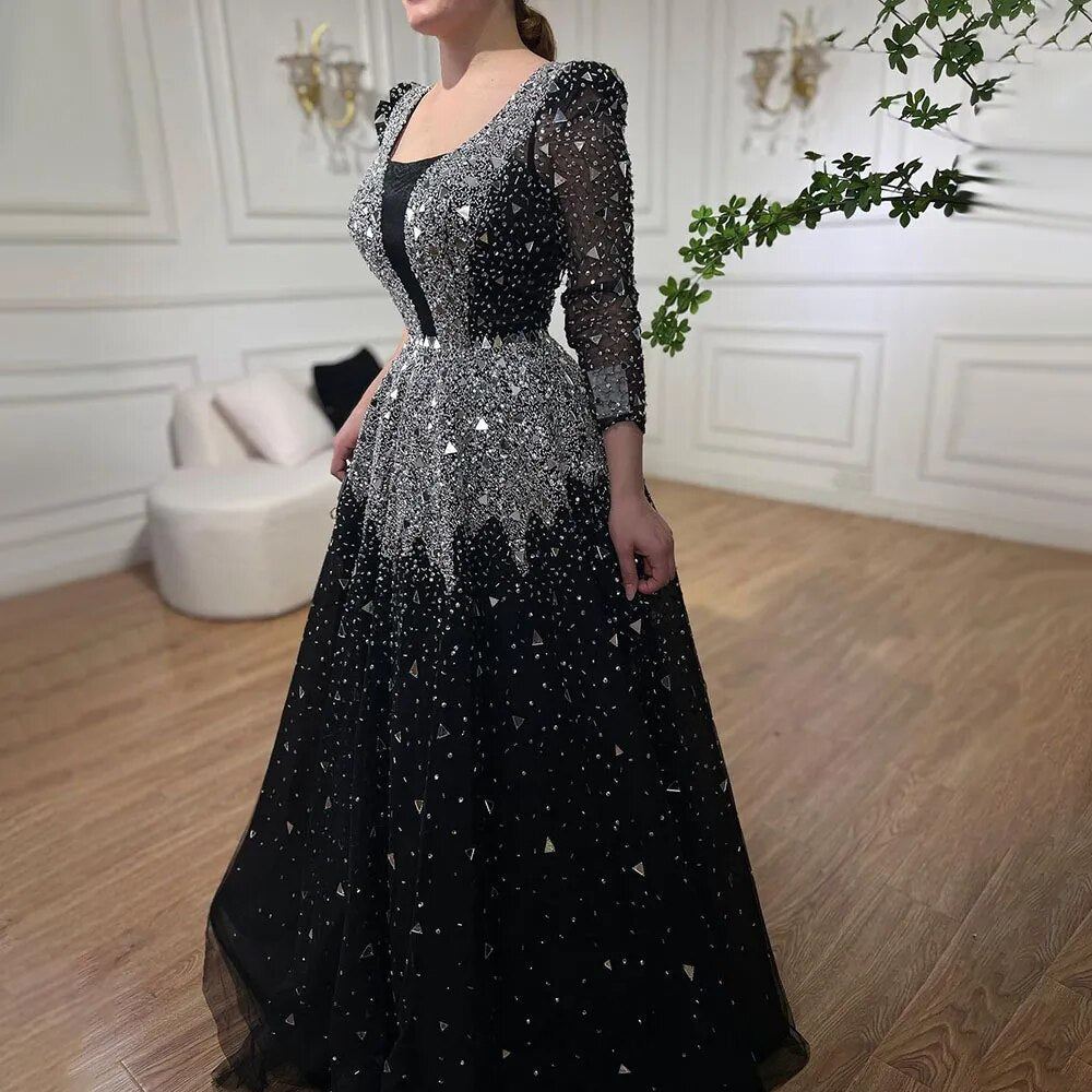 Muslim Black A-Line Evening Dresses Gowns 2025 Sequined Beaded Luxury For Woman Wedding Party LA71214