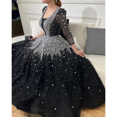 Muslim Black A-Line Evening Dresses Gowns 2025 Sequined Beaded Luxury For Woman Wedding Party LA71214