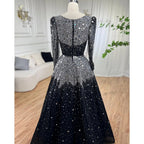 Muslim Black A-Line Evening Dresses Gowns 2025 Sequined Beaded Luxury For Woman Wedding Party LA71214