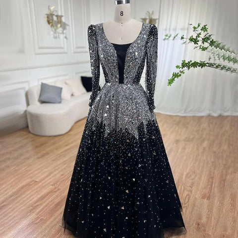 Muslim Black A-Line Evening Dresses Gowns 2025 Sequined Beaded Luxury For Woman Wedding Party LA71214