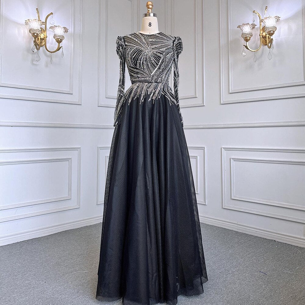Muslim Black A-Line Luxury Beaded Ankle Length Evening Dresses Gowns 2025 For Women Party LA71290