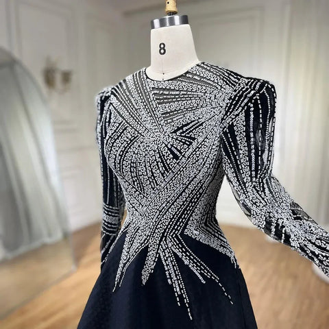 Muslim Black A-Line Midi Luxury Beaded Ankle Length Evening Dresses Gowns 2025 For Women Party LA71290