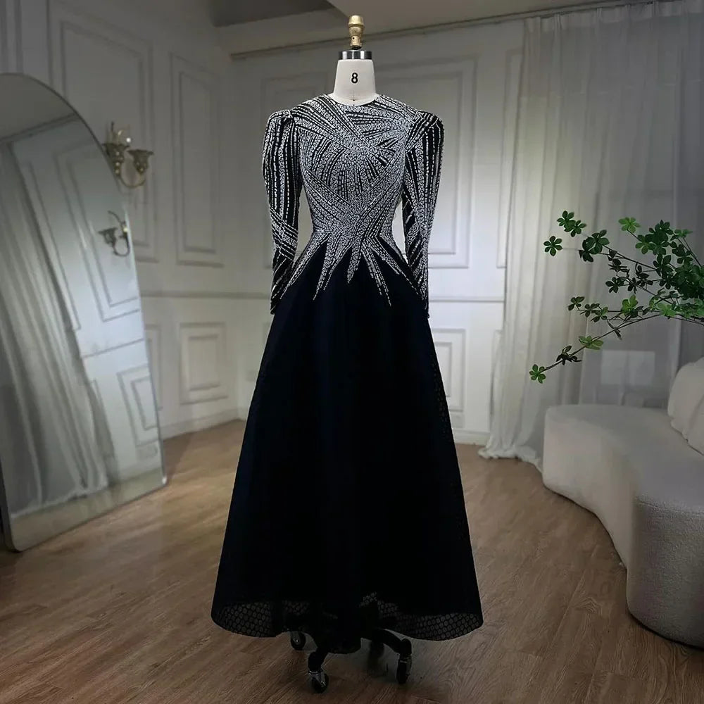 Muslim Black A-Line Midi Luxury Beaded Ankle Length Evening Dresses Gowns 2025 For Women Party LA71290