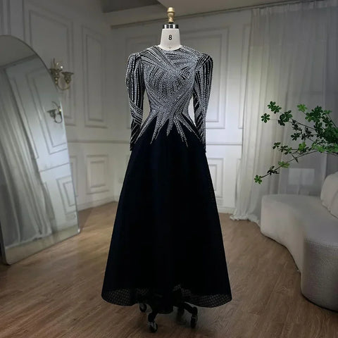 Muslim Black A-Line Midi Luxury Beaded Ankle Length Evening Dresses Gowns 2025 For Women Party LA71290