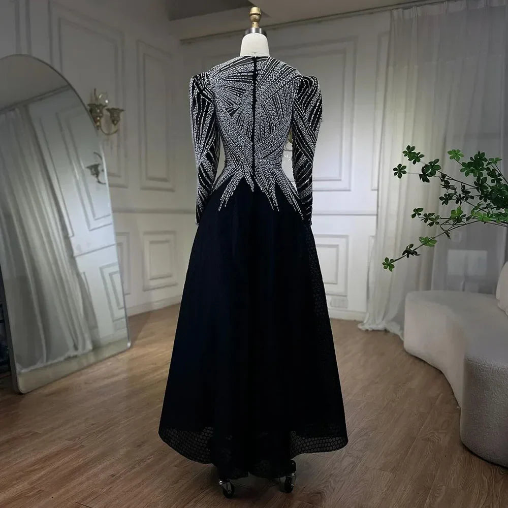 Muslim Black A-Line Midi Luxury Beaded Ankle Length Evening Dresses Gowns 2025 For Women Party LA71290